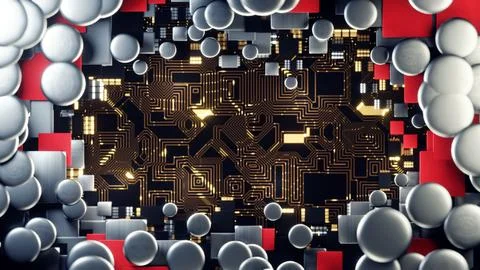 Explore a futuristic circuit board featuring abstract spheres and geometric Иллюстрация