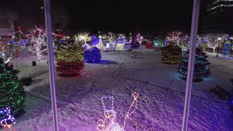 Explore the Garden of Lights in the middle of the city on snowy Christmas night Stock Footage 221884382