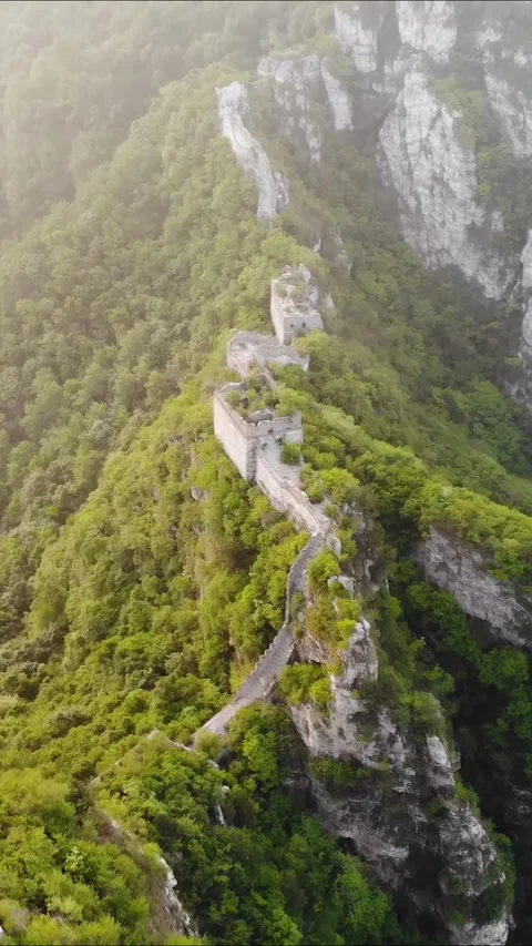 Explore the Great Wall of China from above with lush green surroundings Vídeos de archivo 335074999