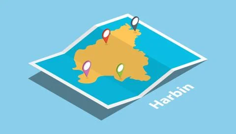 Explore harbin maps with isometric style and pin location tag on top Stock Illustration