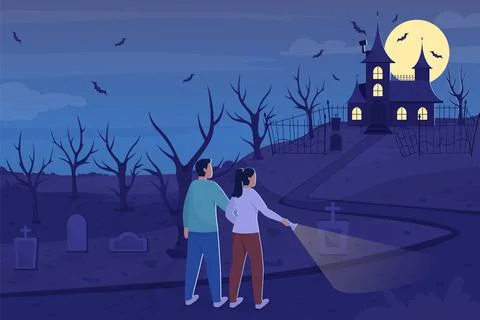 Explore haunted mansion at night flat color vector illustration Ilustração Stock