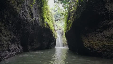Explore Hidden Canyon Rocky River Waterfall Surrounded Lush Tropical Forest Bali Video stock 344834411