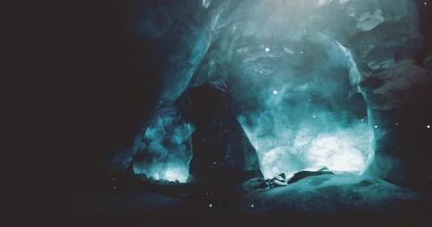 Explore an icy cave illuminated by soft blue light during winter days Stock Illustration