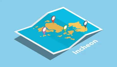 Explore incheon maps with isometric style and pin location tag on top Stock Illustration