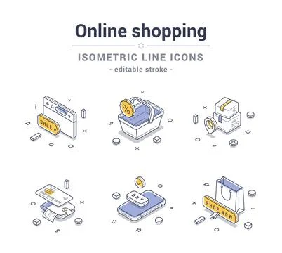 Explore isometric line icons for online shopping and digital commerce Stock Illustration