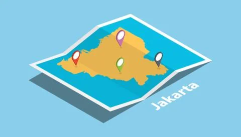 Explore jakarta maps with isometric style and pin location tag on top Illustrazione stock