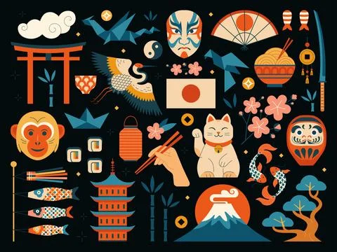 Explore Japan Design Elements and Icons Set Stock Illustration