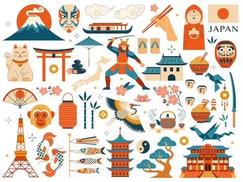 Explore Japan Design Elements and Icons Set Stock Illustration