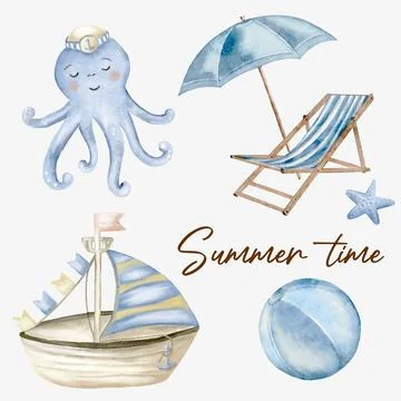 Explore the joys of summer with playful elements in watercolor designs Stock Illustration
