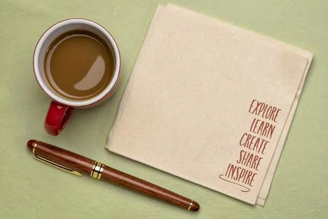 Explore, learn, create, share and inspire - reminder note Stock Photos