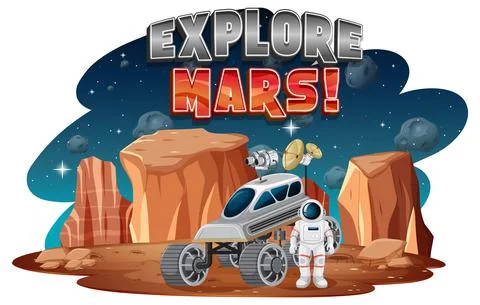 Explore Mars word logo with astronaut on planet Stock Illustration