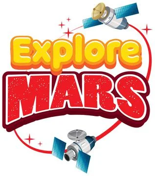 Explore Mars word logo design with satellite Stock Illustration