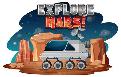 Explore Mars word logo design with space station Illustrazione stock