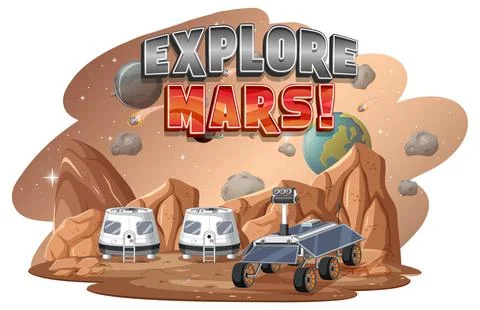 Explore Mars word logo design with space station Stock Illustration