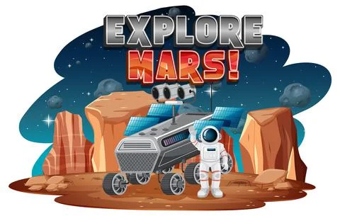 Explore Mars word logo design with astronaut and space station イラスト素材