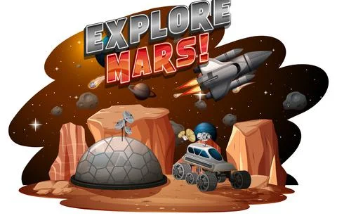 Explore Mars word logo with planet Stock Illustration