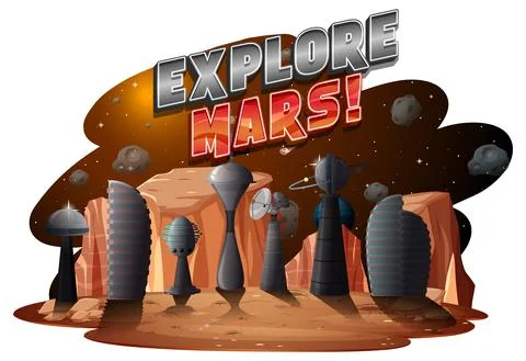 Explore Mars word logo with planet Stock Illustration