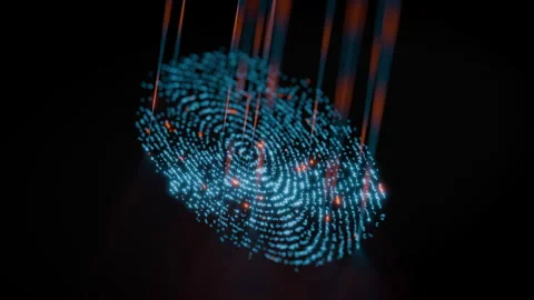 Explore mesmerizing digital fingerprint pattern illuminated in glowing copper Stock Footage 321955677