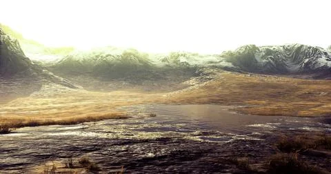 Explore a misty mountain at dawn with the sun rising above Ilustração Stock