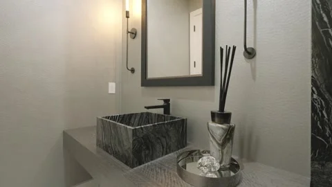 Explore Modern Bathroom Design Featuring an Elegant Marble Sink and Thoughtfully Stock Footage 285795458