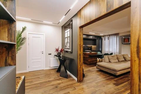 Explore Modern Interior Design that Embraces Warm Wood Accents and Creates Stock Photos