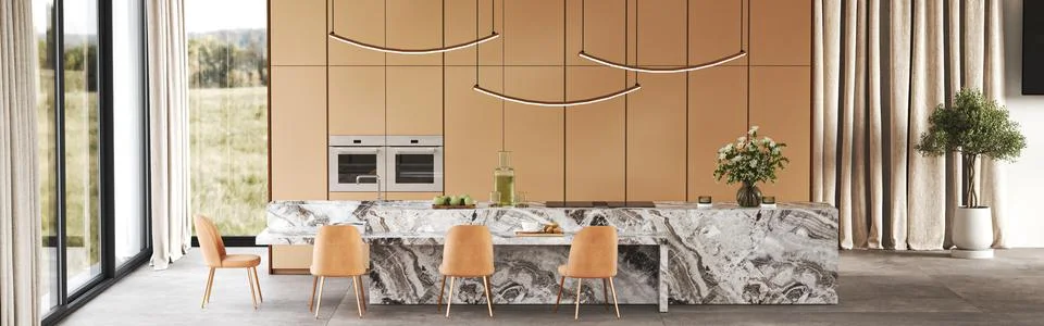 Explore Modern Kitchen Design featuring Elegant Marble and Wood Finishes for a Stock-Illustration