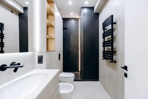 Explore a Modern Minimalistic Bathroom Design that includes Contemporary Stock Photos