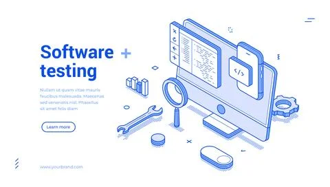 Explore modern software testing with isometric line art banner showcasing t.. イラスト素材