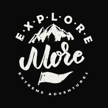 Explore more. Hand drawn illustration with mountains. Design element for post Stock Illustration