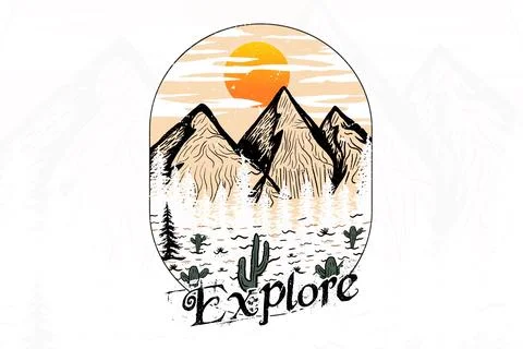 Explore mountain hand drawn t shirt print illustration Stock Illustration