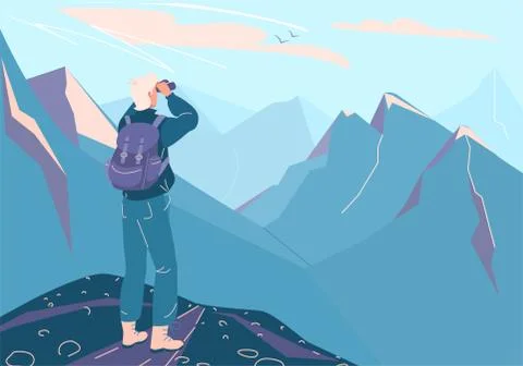 Explore mountain vector background. Man with backpack and binoculars stand on Stock Illustration