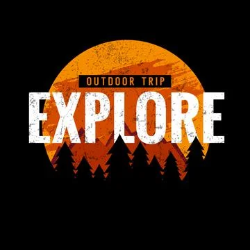 Explore, outdoor trip, typography logo with mountains and pine tree forest 스톡 일러스트