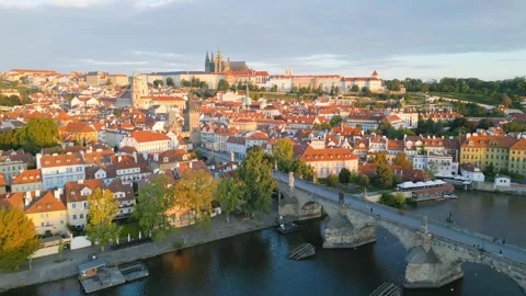 Explore Pragues Charles Bridge and Castle at Dawn Stock Footage 321033880