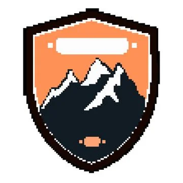 Explore retro mountains badge pixel art vector illustration Stock Illustration