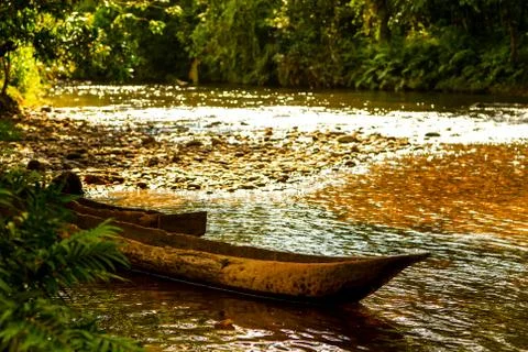 Explore the rich tradition of single tree chopped canoes in the Amazonian Foto stock
