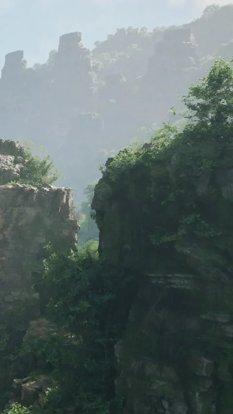 Explore rocky cliffs and green trees in bright sunlight near mountains Video stock 335354639
