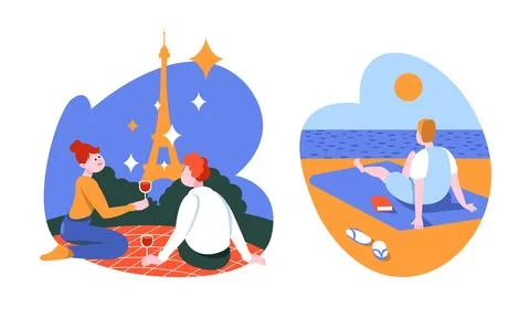 Explore Romantic Getaways Experience Urban Charm and Coastal Bliss in Stock Illustration