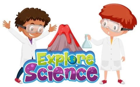 Explore science logo and children with volcano science experiment isolated Stock Illustration