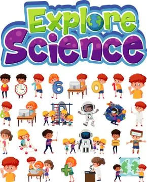 Explore science logo and set of children with education objects isolated Illustrazione stock