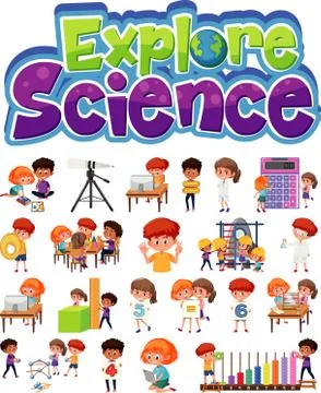 Explore science logo and set of children with education objects isolated Stock Illustration