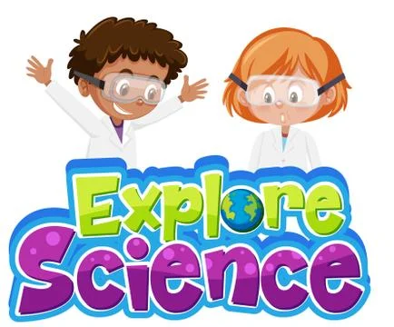 Explore science logo and two kids wearing scientist costume isolated Stock Illustration