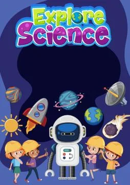 Explore science logo with blank banner and kids wearing engineer costume with 스톡 일러스트