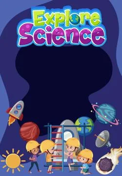 Explore science logo with blank banner and kids wearing engineer costume with Illustrazione stock