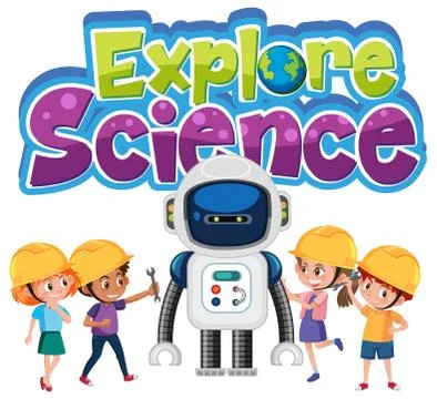 Explore science logo with kids wearing engineer costume isolated 스톡 일러스트