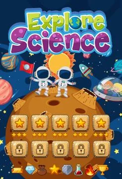 Explore science logo with planets in space game background scene Stock Illustration