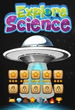 Explore science logo with ufo game background scene Stock Illustration