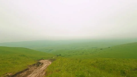 Explore the serene landscape of vast green hills enveloped in thick fog. The Stock-Footage 314282355