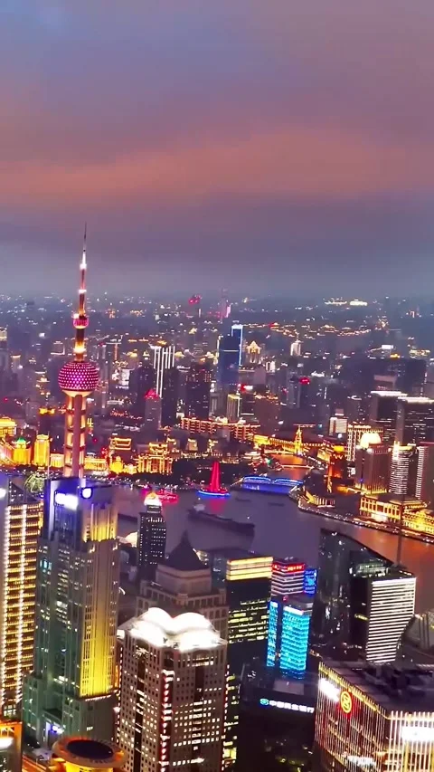 Explore Shanghai City at night with bright lights from above Vídeos de archivo 335073425
