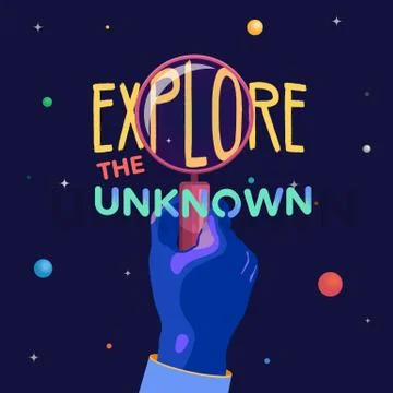 Explore slogan and space illustration vector. A hand with a magnifying glass. Stock Illustration
