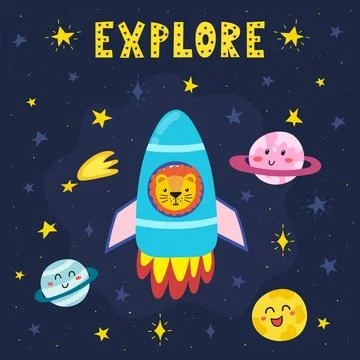 Explore space print with a cute lion astronaut flying in rocket Stock Illustration